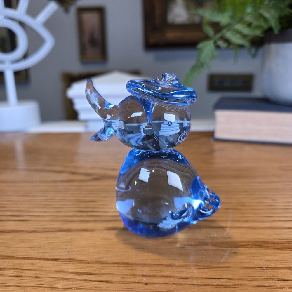 Vintage Blue Art Glass Duck Sailor Hat Figurine Hand Blown Nautical Decor 3.5"